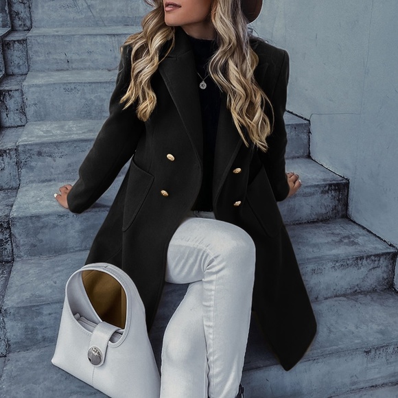 Classic Green button double breast pea coat Jacket - Picture 5 of 7